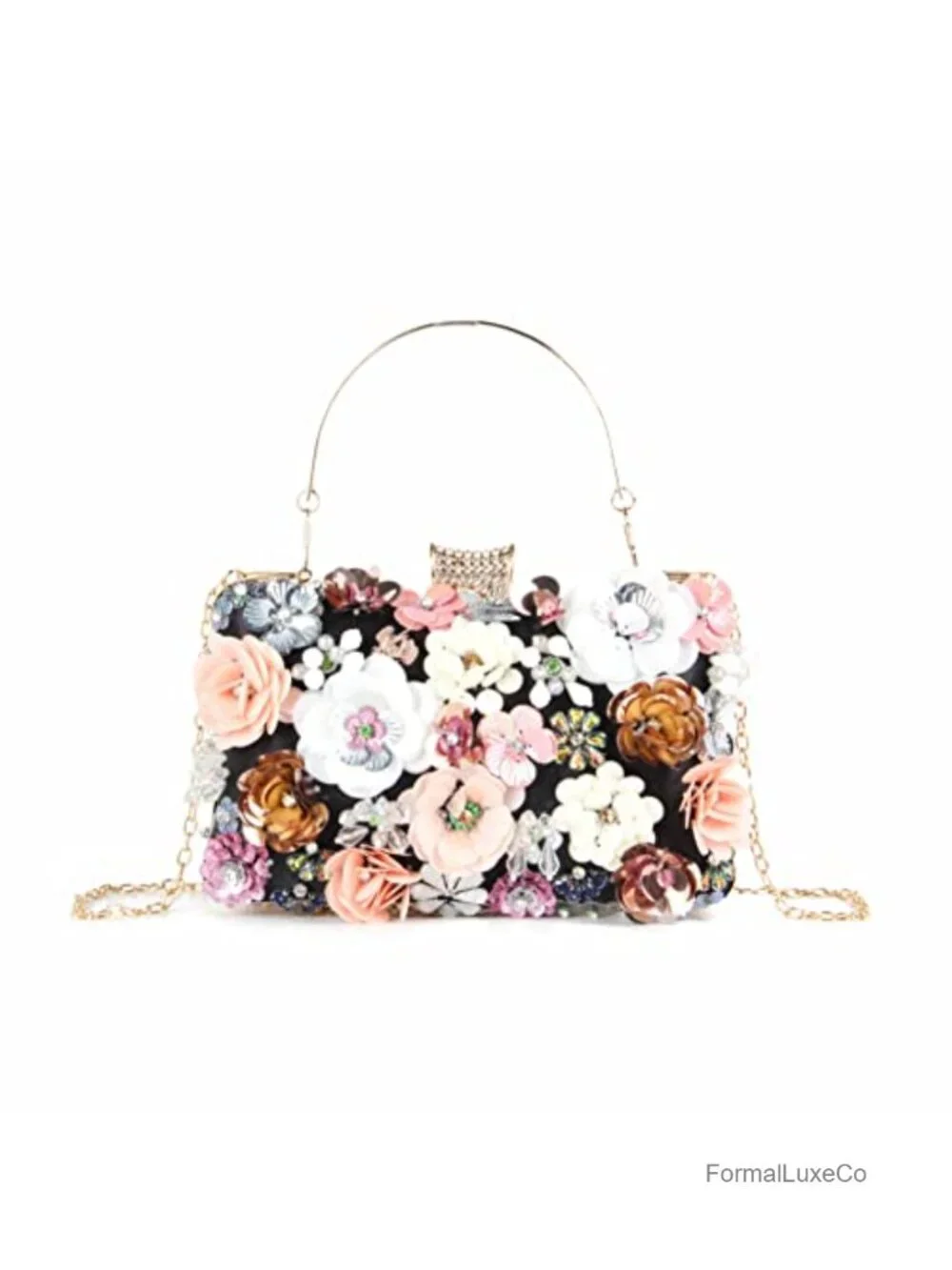 Women Clutch Evening Bag with 3D Flowers Chain Strap Shoulder